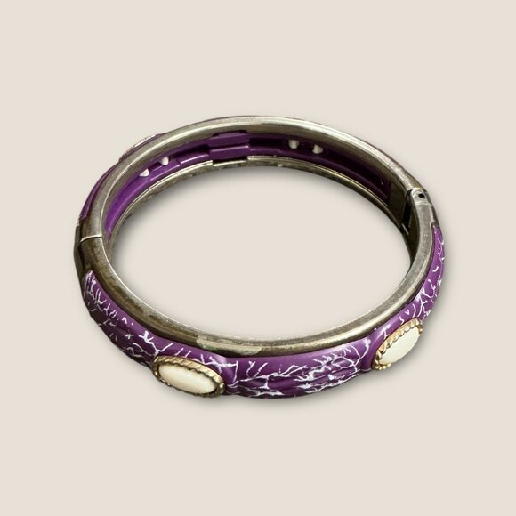 Purple & White Crackle Enamel Bangle Bracelet With White Oval Accents - Picture 2 of 3